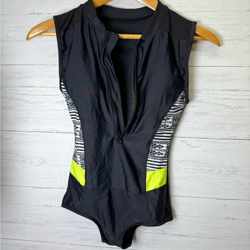 M Black and Yellow Zip-Up Swimsuit